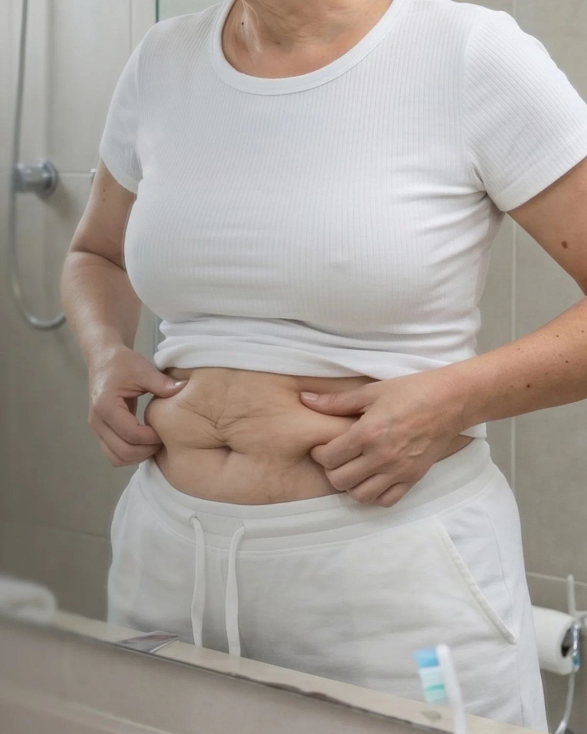 Mulher avaliando a flacidez abdominal — tratamento Clínica Nany Mota
